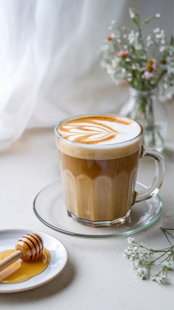 Signature Portland Coffee Recipes — Honey Latte in a Sunlit Setting Honey Latte in a Glass Mug with Latte Art, Surrounded by Honey and Floral Decor on a Bright Tabletop
