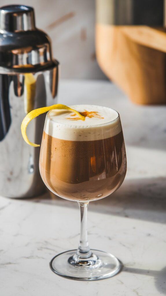 Signature Portland Coffee Recipes — Spella Shakerato Coffee Signature Portland Coffee Recipes — Spella Shakerato Coffee with a Frothy Top and a Lemon Peel Garnish, Served in a Cocktail Glass