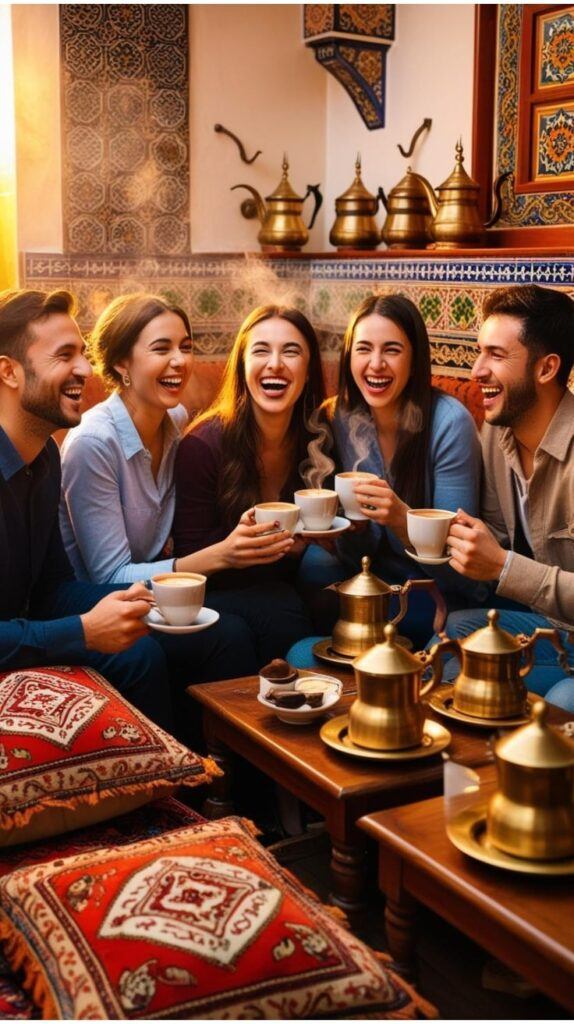 Turkish Coffee Culture — Social Gathering Over Coffee Turkish Coffee Culture — Group of Friends Enjoying Coffee Together in a Cozy Setting with Brass Coffee Pots and Traditional Decor