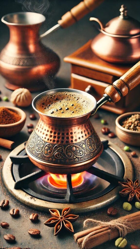 Turkish Coffee Culture — Brewing in a Copper Cezve Brewing Turkish Coffee in a Decorative Copper Cezve Over an Open Flame, Surrounded by Spices and Coffee Beans