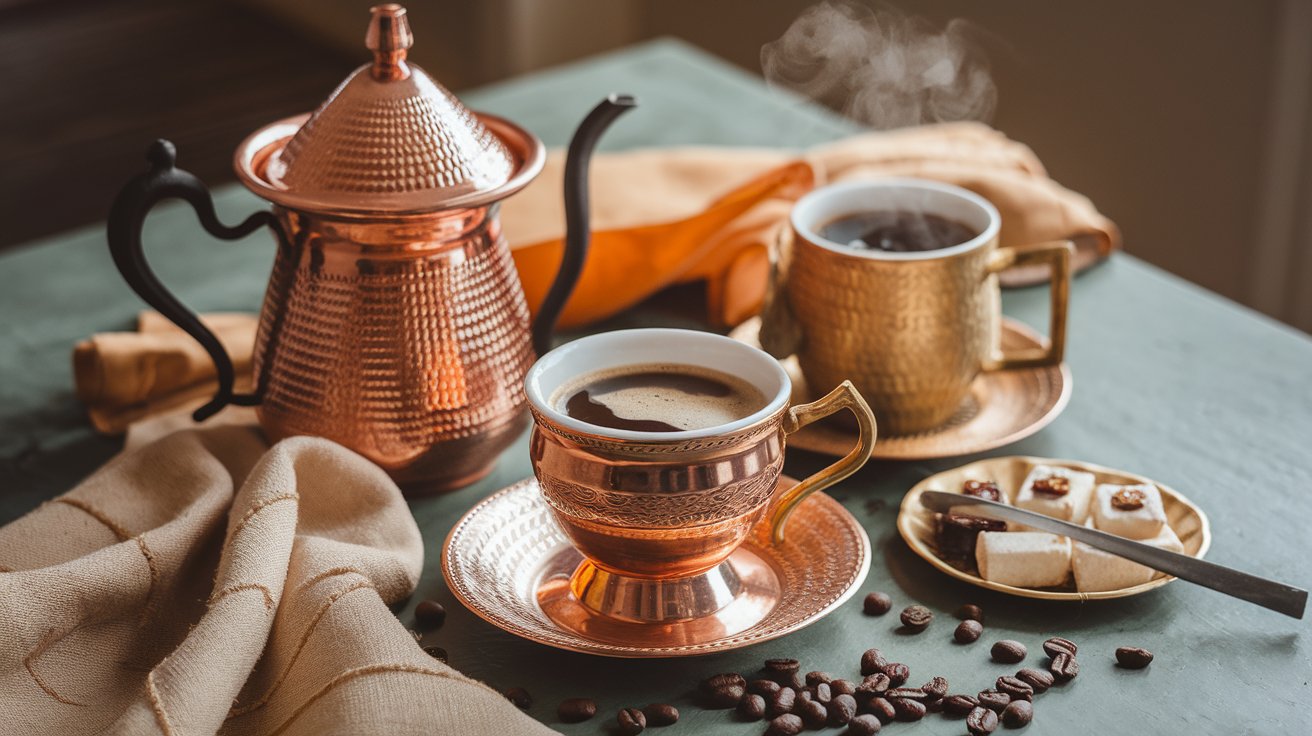 Turkish Coffee Recipes — Copper Cezve and Cups Set with Freshly Brewed Traditional Turkish Coffee