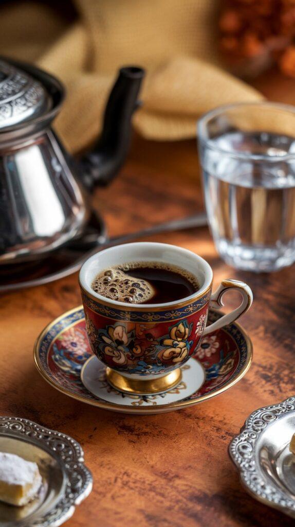 Türk Kahvesi – The Original Turkish Coffee Recipe Türk Kahvesi Served in a Decorative Cup with Water and Turkish Delight