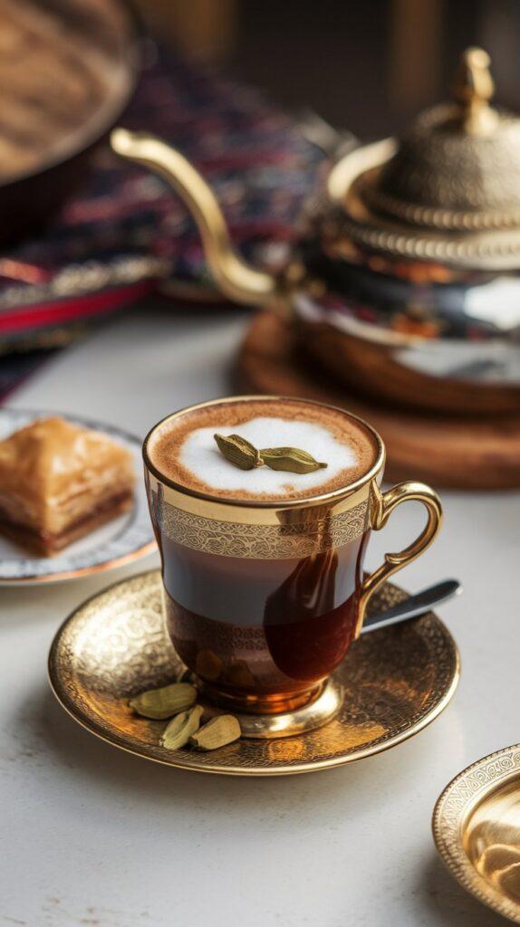 Cardamom-Infused Turkish Coffee Recipes Cardamom-Infused Türk Kahvesi Served in a Golden Cup with Cardamom Pods