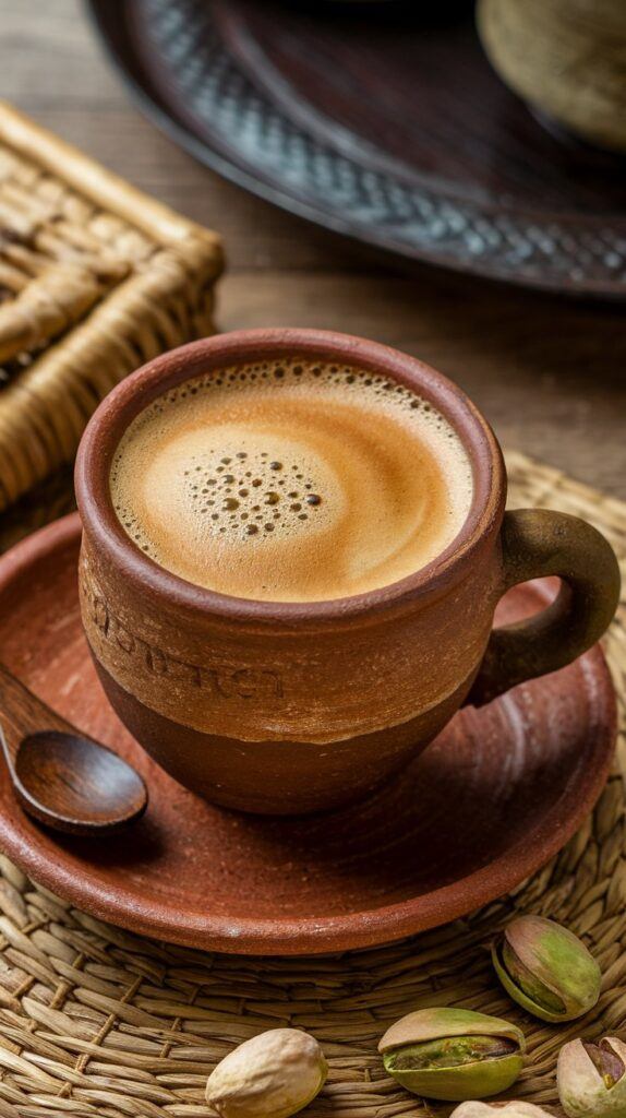 Menengiç Kahvesi – Unique Turkish Coffee Recipes Turkish Coffee Recipes — Menengiç Kahvesi Served in a Rustic Ceramic Cup Alongside Pistachios