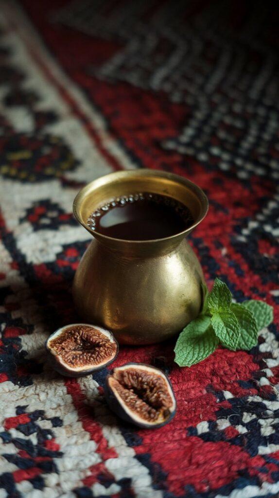 Mırra – Bold and Strong Turkish Coffee Recipes Turkish Coffee Recipes — Mırra Served in a Brass Cup with Figs and Mint on a Traditional Rug