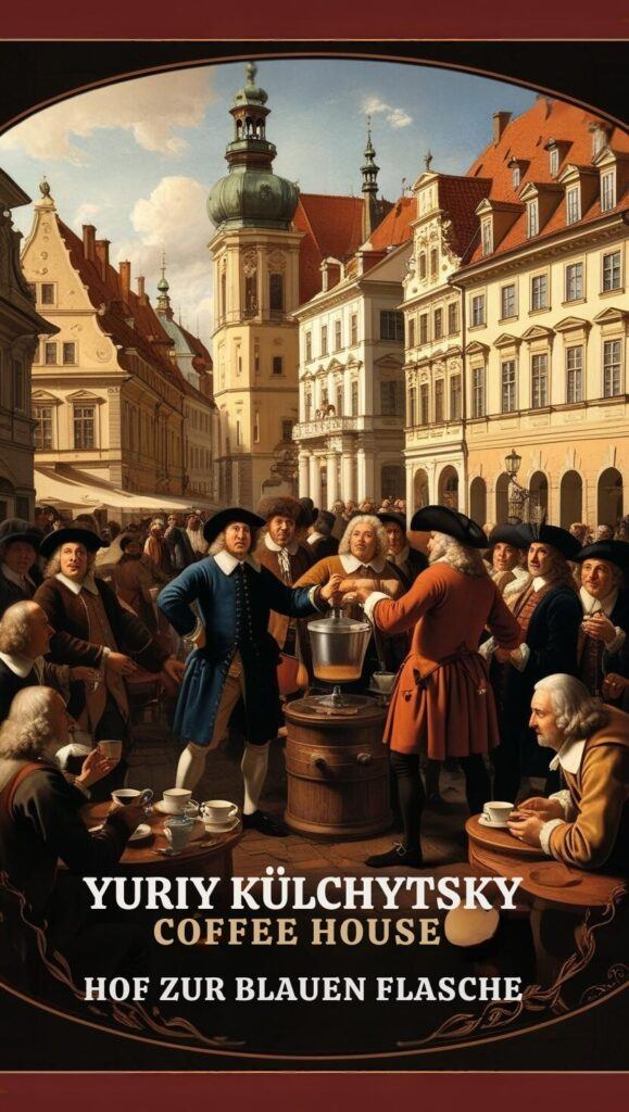 Vienna Coffee House Culture — Historical Gathering Scene An Artistic Depiction of a Historic Coffee House Gathering in Vienna with the Text “Yuriy Külchytsky Coffee House — Hof Zur Blauen Flasche.”