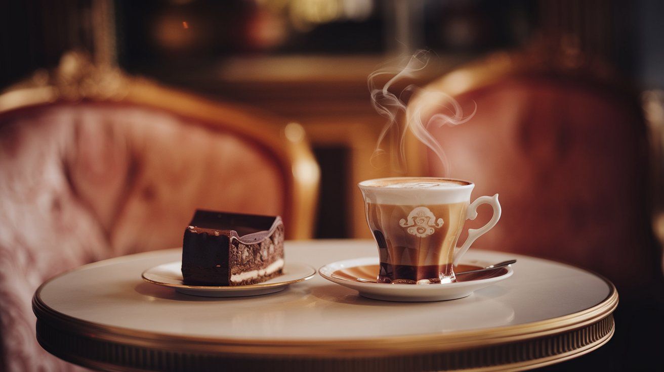 Viennese Coffee Recipes — Luxurious Setup Featuring a Viennese Coffee in a Decorative Cup with a Slice of Sachertorte on a White Table