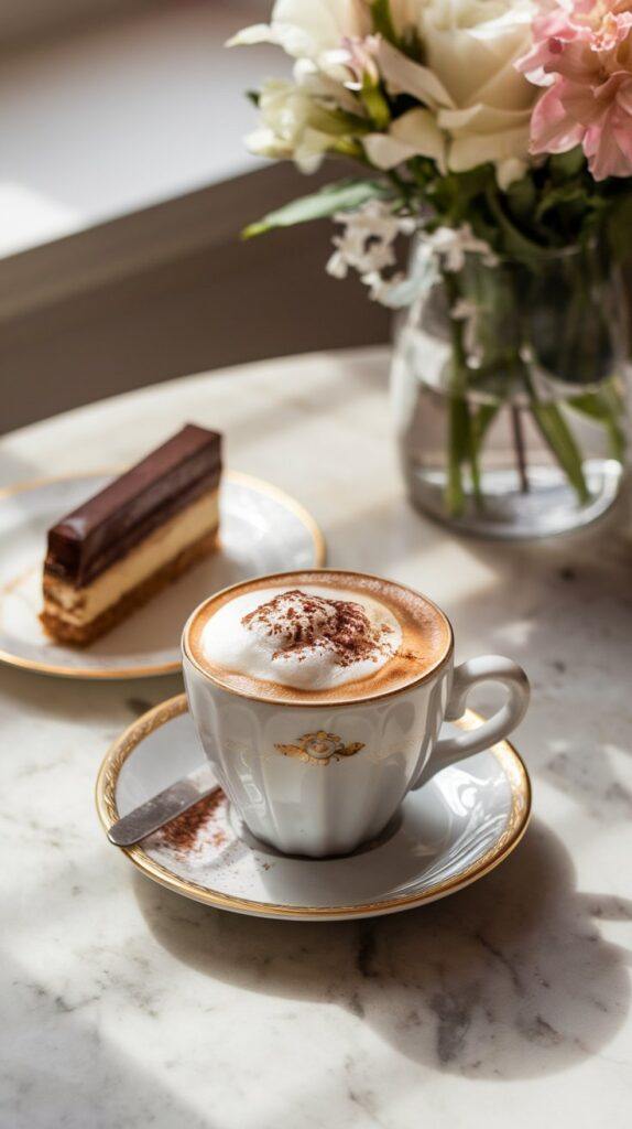 Viennese Coffee Recipes: Wiener Melange Wiener Melange in a Porcelain Cup, Served with a Slice of Chocolate Mousse Cake on a Marble Table