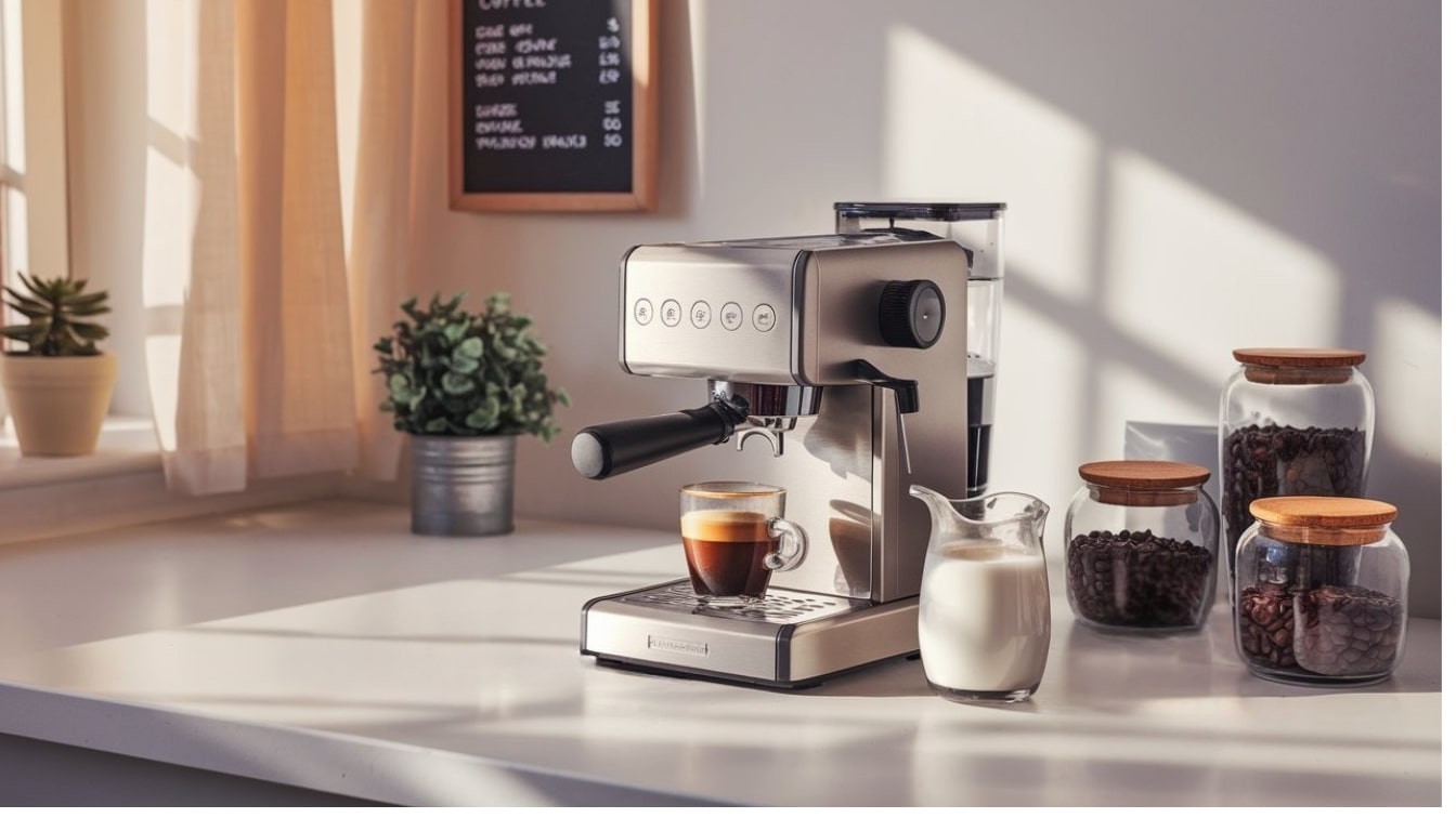 Modern Espresso Machine with Glass Cup Milk Pitcher and Coffee Beans on Countertop