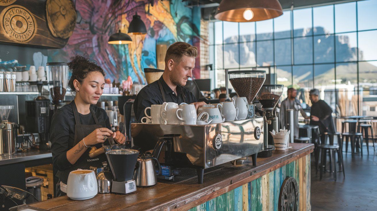 Cape Town Coffee Scene — Cape Town Coffee Shop with Baristas and Table Mountain View