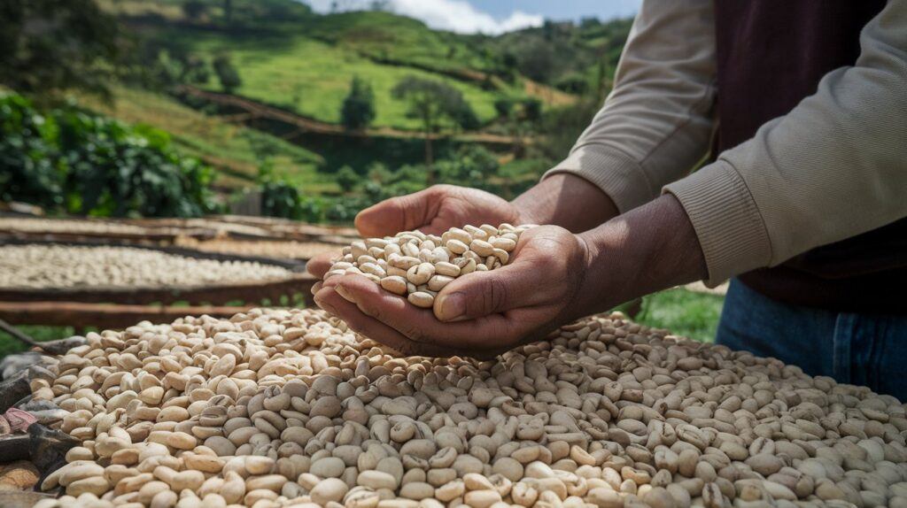 Cape Town Coffee Scene — Raw Coffee Beans Held on Ethiopian Farm with Green Hills