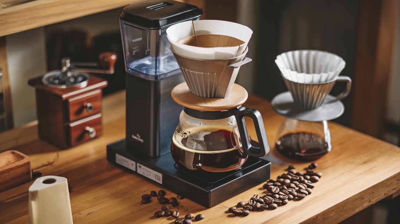 How to Make Drip Coffee — Drip Coffee Maker Brewing Coffee into a Carafe with Beans and Grinder Nearby