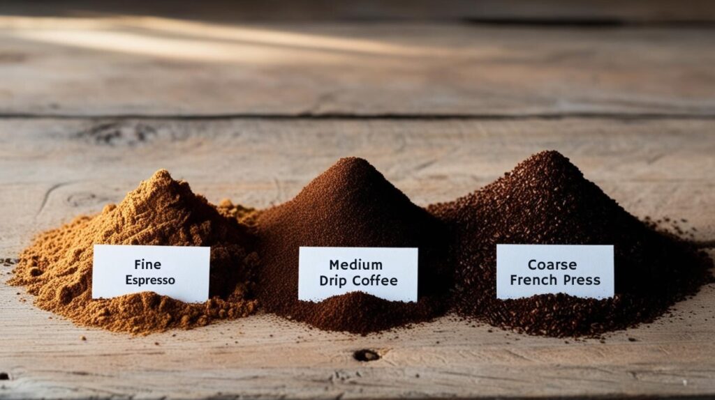How to Make Drip Coffee — Coffee Grounds Labeled Fine, Medium, and Coarse on a Wooden Surface