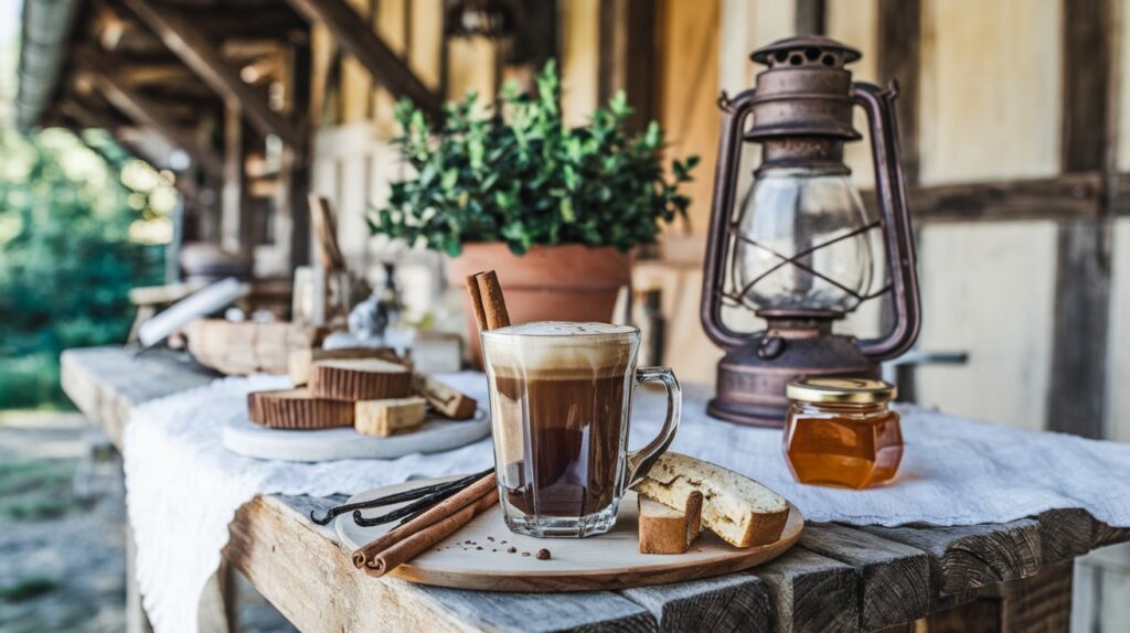 How to Make Drip Coffee — Coffee with Biscotti, Cinnamon Sticks, and Honey on a Rustic Table