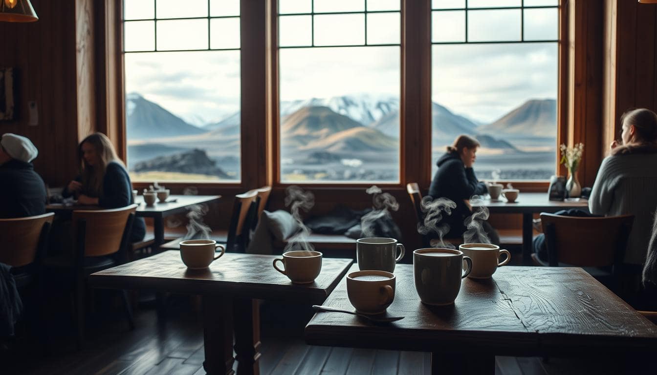 Icelandic Coffee Culture — Warm Icelandic Café Interior with Wooden Furniture and Volcanic Views