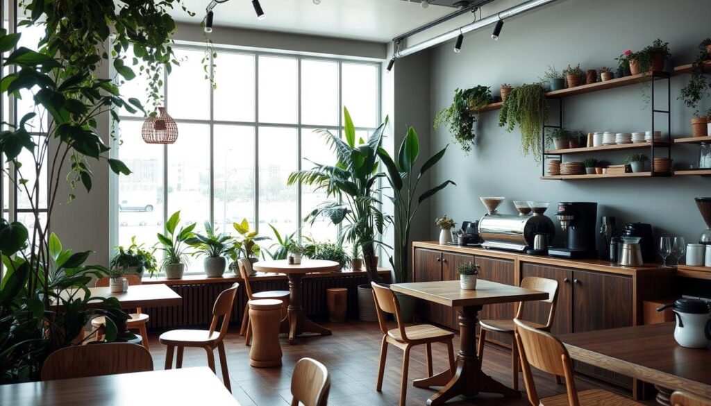 Icelandic Coffee Culture — Sustainable Reykjavik Café Reykjavik Café Showcasing Lush Greenery and Eco-Friendly Coffee Equipment