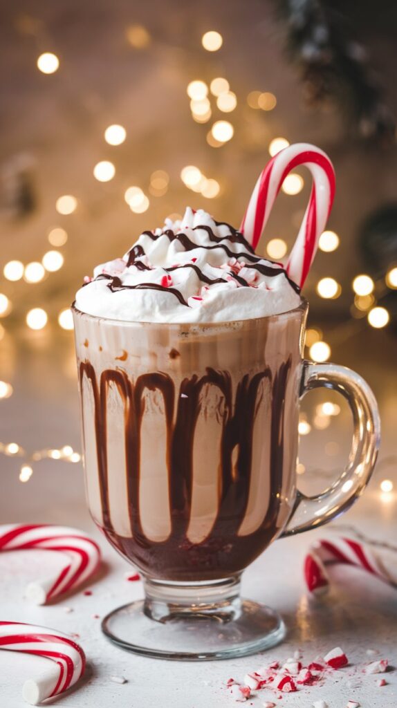 Peppermint Mocha Recipe Festive Starbucks Coffee Recipes Glass Mug of Peppermint Mocha Topped with Whipped Cream, Crushed Candy Canes, and Chocolate Drizzle, Styled with Candy Canes and Twinkling Lights