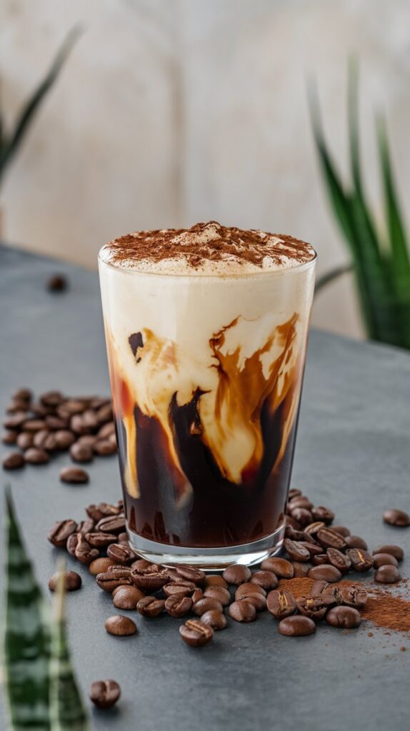 Irish Cream Cold Brew Recipe Starbucks Coffee Recipes Glass of Irish Cream Cold Brew Topped with Creamy Foam and Dusted with Cocoa Powder, Styled with Coffee Beans