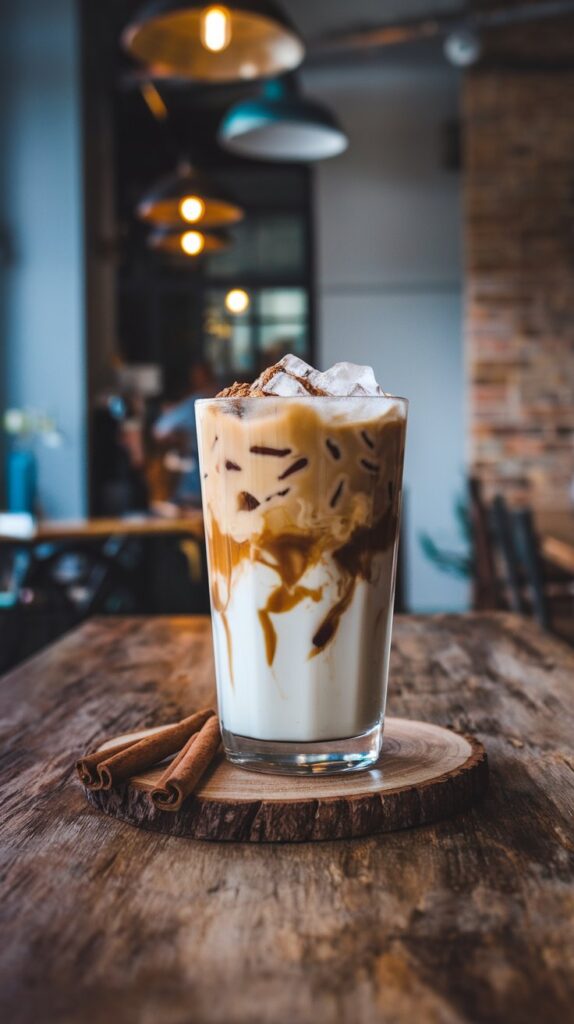 Iced Brown Sugar Oatmilk Shaken Espresso Starbucks Coffee Recipes Starbucks Coffee Recipes — Tall Glass of Iced Brown Sugar Oatmilk Shaken Espresso with Layers of Espresso, Milk, and Ice, Garnished with Cinnamon Sticks