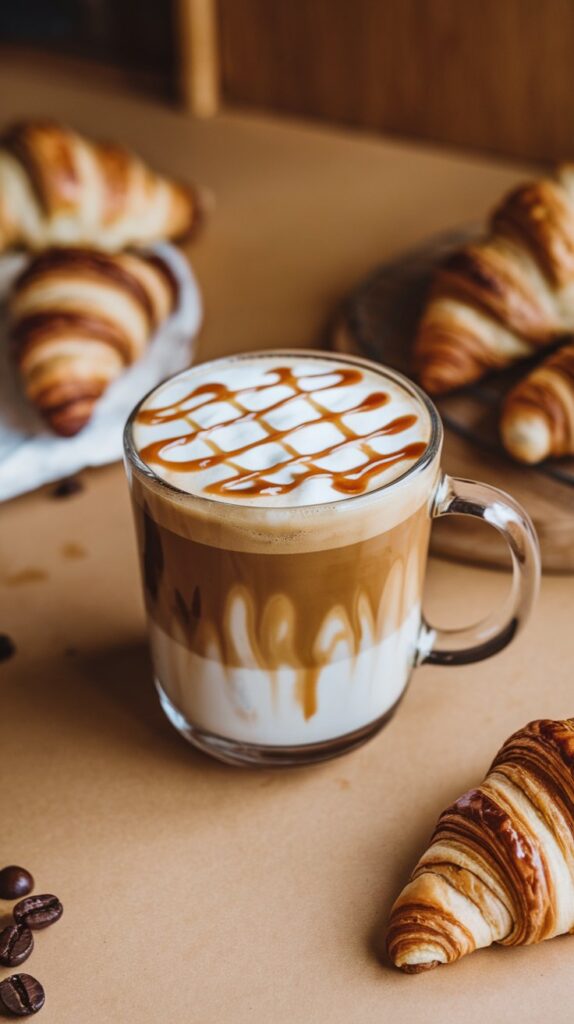 Caramel Macchiato Recipe Classic Starbucks Coffee Recipes Glass Mug of Caramel Macchiato with Visible Milk and Espresso Layers, Topped with Caramel Drizzle, Styled with Croissants and Coffee Beans