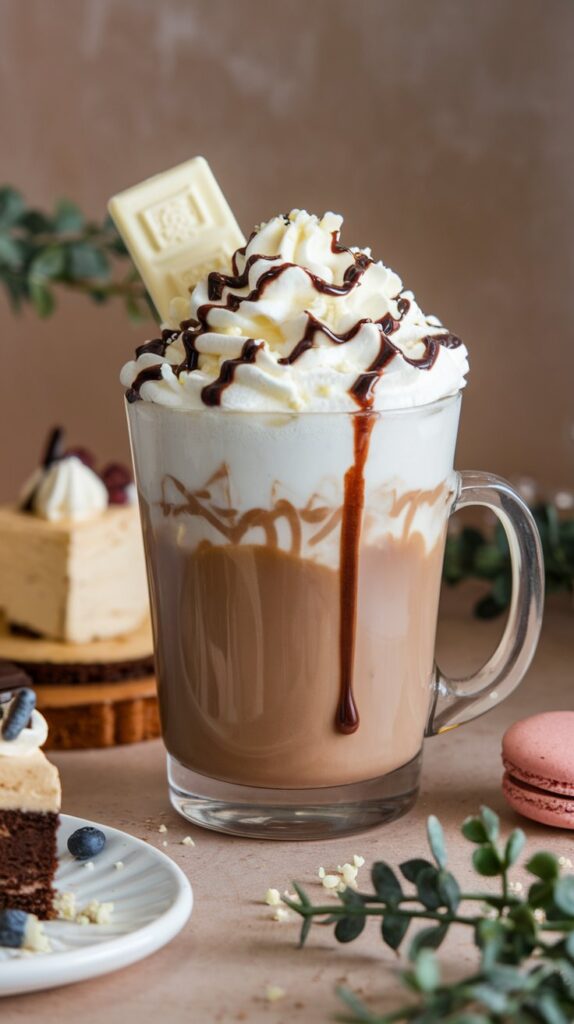 White Chocolate Mocha Recipe Starbucks Coffee Recipes Indulgence Starbucks Coffee Recipes — Decadent White Chocolate Mocha Topped with Whipped Cream, White Chocolate Shavings, and Chocolate Drizzle, Styled with a Plate of Cakes and Macarons