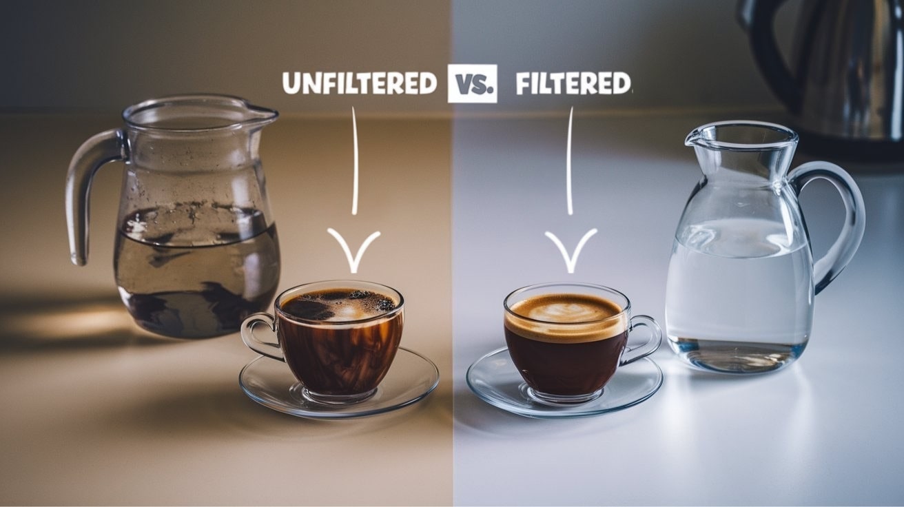 Best Activated Carbon Water Filter for Coffee — Comparison of Coffee Made with Unfiltered and Filtered Water. The Left Side Shows Murky Water and Cloudy Coffee, while the Right Side Shows Clear Water and Smooth Coffee