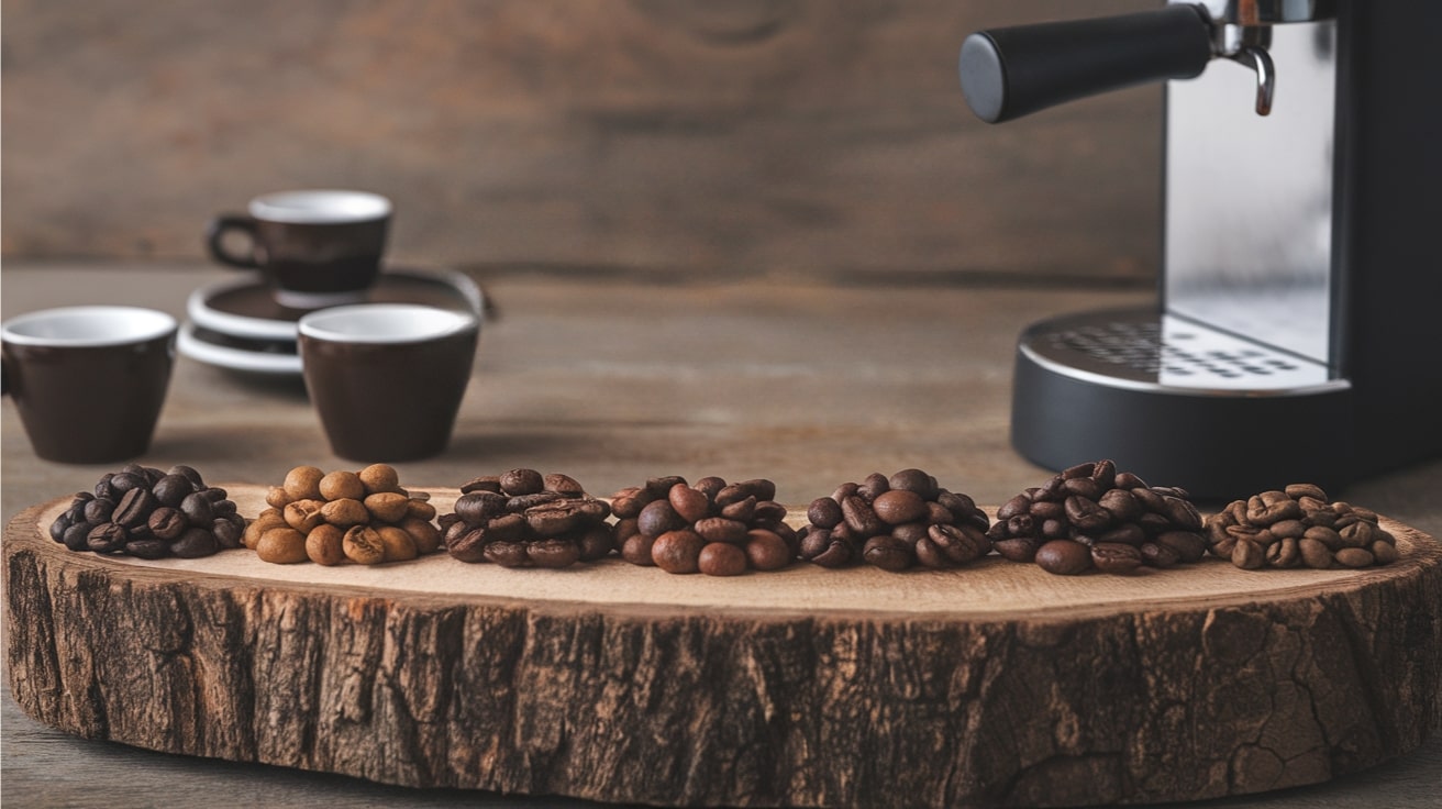 Best Coffee Beans for Espresso — A Variety of Espresso Coffee Beans Displayed on a Rustic Wooden Slab, with an Espresso Machine and Cups in the Background