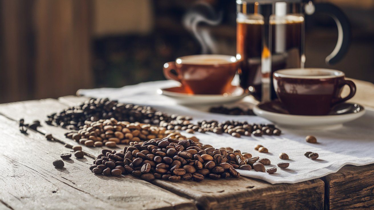 Best Coffee Beans for French Press — Selection of Whole Coffee Beans on a Rustic Table with Two Cups of Coffee and a French Press in the Background