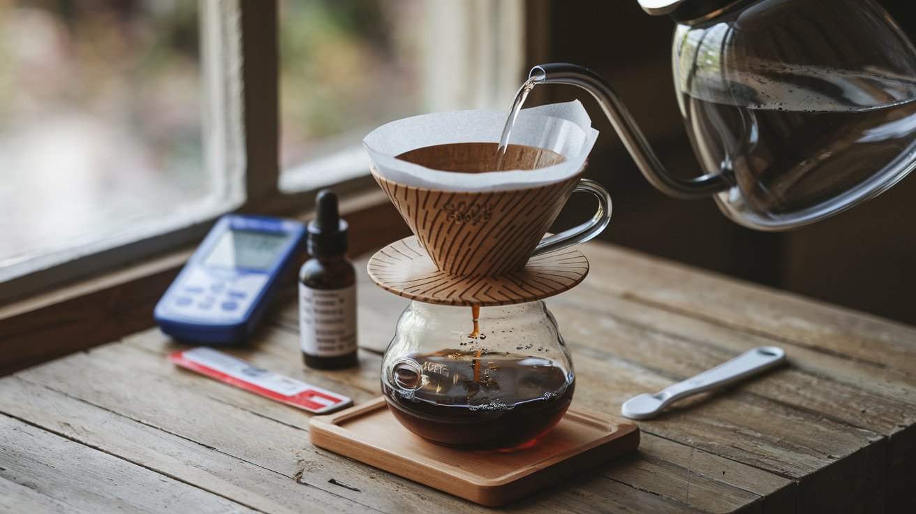 Best Water for Coffee Brewing — Pour-Over Coffee Setup with TDS Meter, pH Strips, and Remineralization Drops on a Wooden Table
