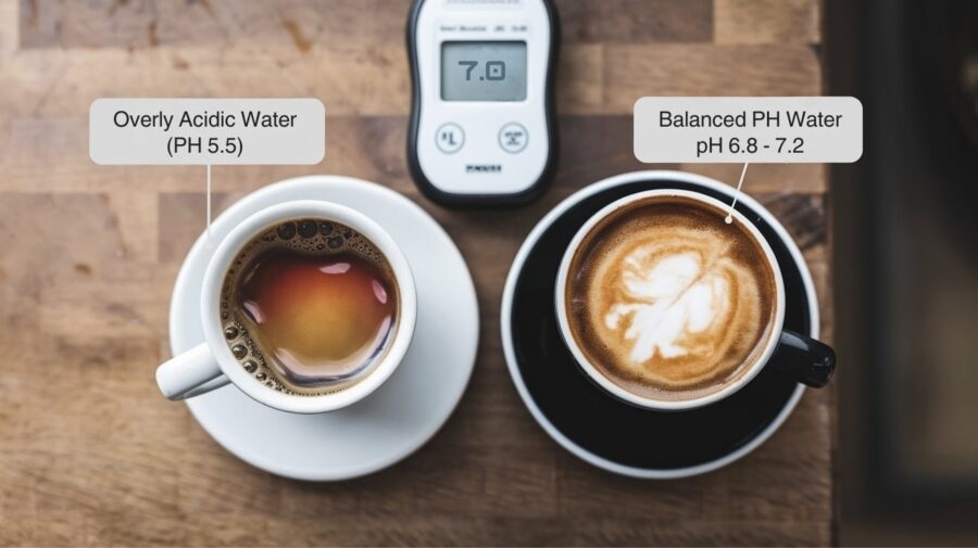 Best Water for Coffee Brewing — Two Coffee Cups Side by Side Showing Overly Acidic Water (pH 5.5) vs. Balanced pH Water (6.8-7.2) with a TDS Meter in the Background