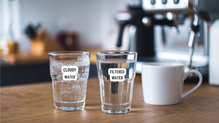 Best Water for Coffee Brewing — Two Glasses of Water on a Wooden Counter, One Cloudy and Unfiltered, the Other Clear and Filtered, with a Coffee Machine in the Background