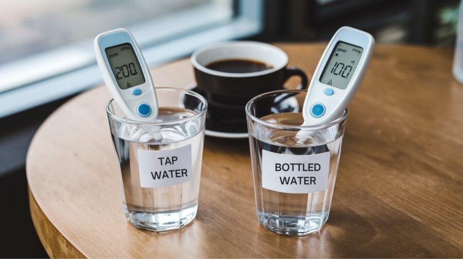 Best Water for Coffee Brewing — Two Glasses of Water with TDS Meters Measuring Tap Water vs. Bottled Water, Placed on a Wooden Table with a Coffee Cup in the Background