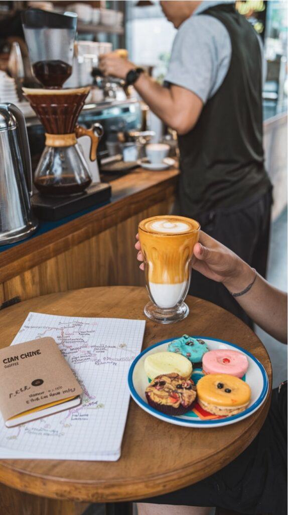 Vietnamese Egg Coffee with Pastries and a Coffee Map