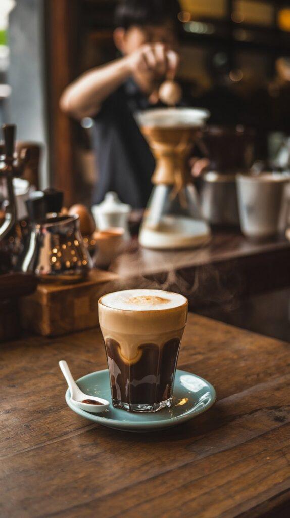 Glass of Vietnamese Egg Coffee with a Barista in the Background