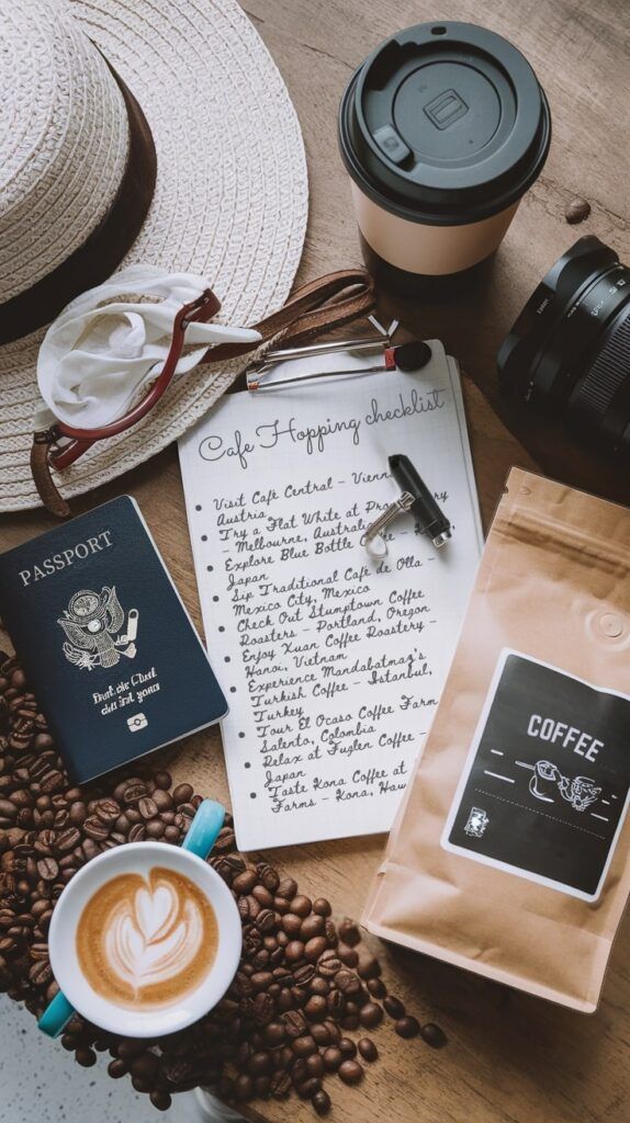Flat Lay of a Café-Hopping Checklist, Coffee Beans, and a Reusable Cup