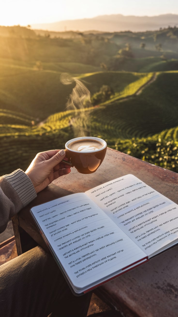 Coffee Tourism — Coffee Cup and Journal Overlooking a Coffee Plantation