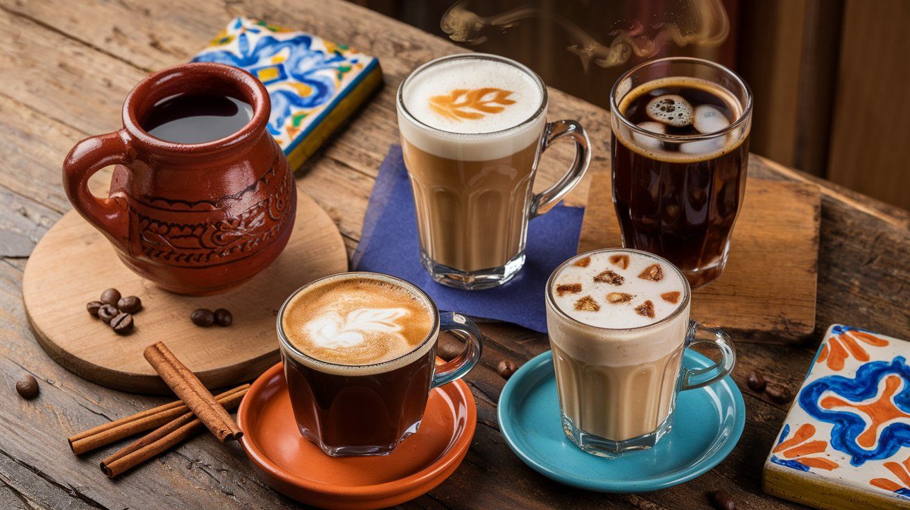 Selection of Mexican Coffee Drinks Including Café De Olla, Carajillo, and Cold Brew on a Rustic Wooden Table