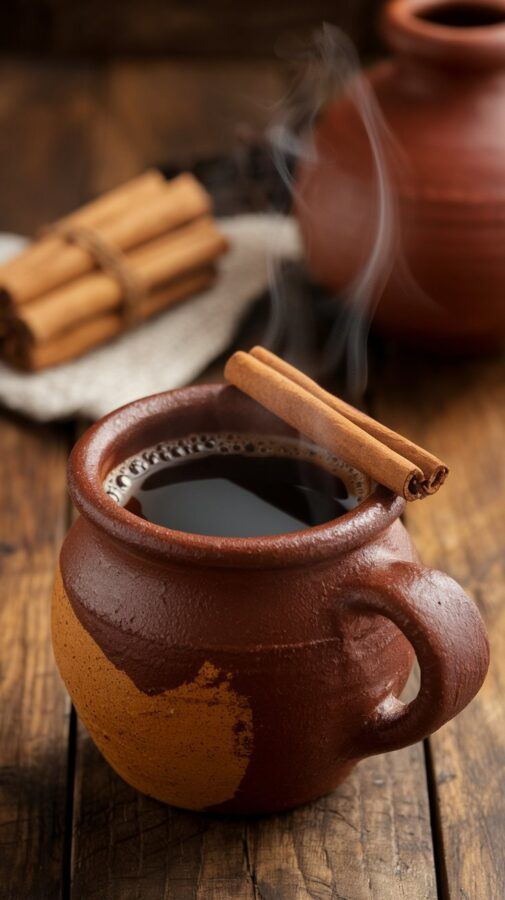 Mexican Coffee Recipes — Café De Olla with Cinnamon Mexican Coffee Recipes — Rustic Clay Mug Filled with Steaming Café De Olla with a Cinnamon Stick Resting on the Rim