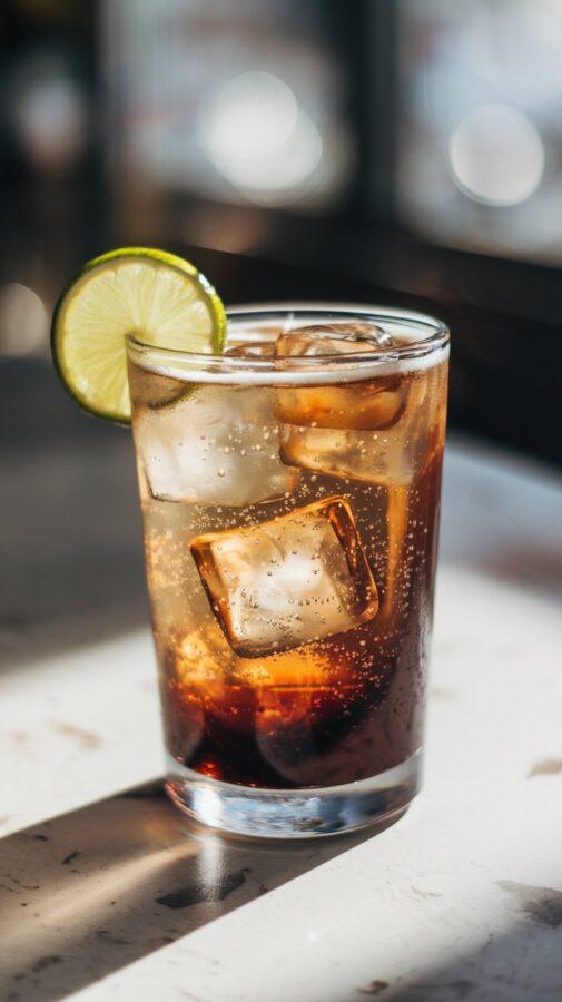 Mexican Coffee Recipes — Espresso Tonic with Lime Mexican Coffee Recipes — Glass of Espresso Tonic With Ice Cubes, Bubbles Rising, and a Lime Garnish