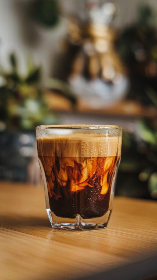 Mexican Coffee Recipes — Carajillo with Golden Foam Freshly Shaken Carajillo with Thick Golden Foam Over Dark Espresso