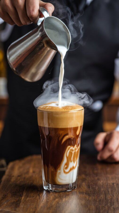Mexican Coffee Recipes — Café Lechero with Steamed Milk Mexican Coffee Recipes — Glass of Café Lechero with a Waiter Pouring Steaming Hot Milk from a Tall Pitcher