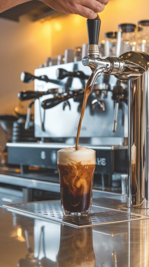 Mexico City Specialty Coffee — Nitro Cold Brew Pour A Barista Pours Nitro Cold Brew from a Tap into a Tall Glass, Creating a Frothy Head