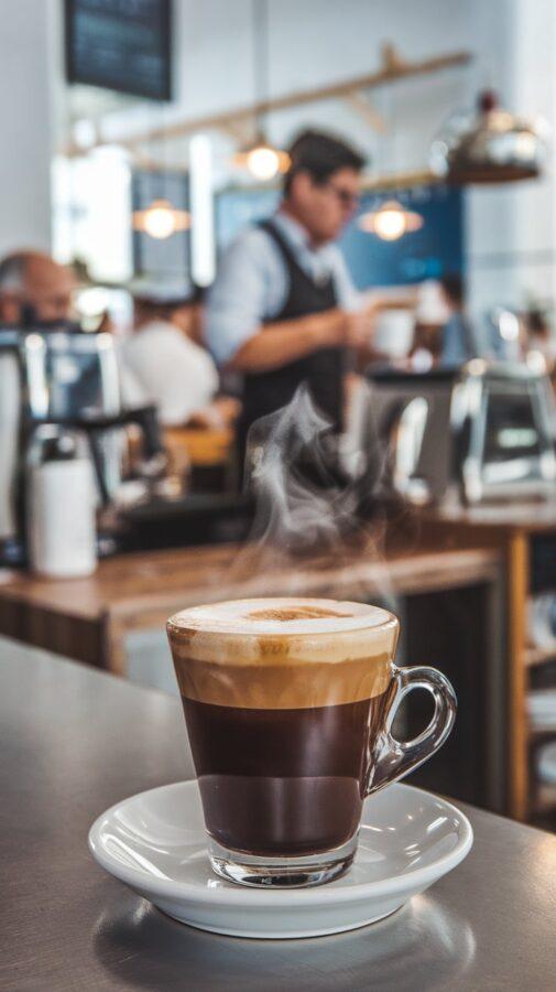 Mexico City Specialty Coffee — Espresso con Leche at a Café Mexico City Specialty Coffee — Steaming Espresso Con Leche in a Mexico City Coffee Shop