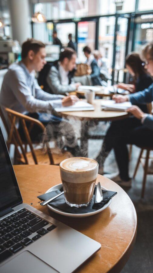 Mexico City Specialty Coffee — Flat White in a Creative Café A Steaming Flat White on a Wooden Table, a Laptop and Café Patrons in the Background