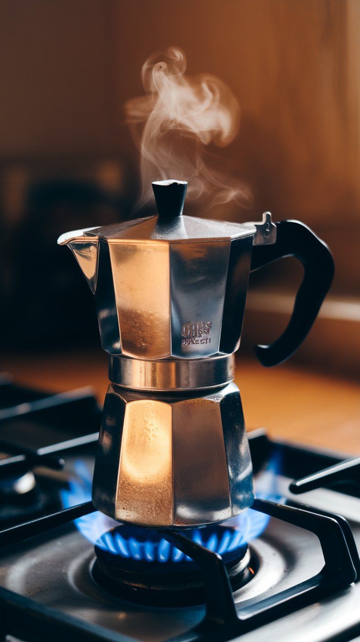 Moka Coffee Pot Brewing on Gas Stove