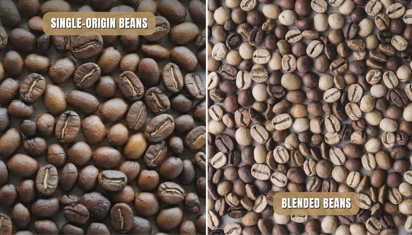 Single-Origin or Blended Coffee Beans — Comparison of Single-Origin Coffee Beans on the Left with Blended Coffee Beans on the Right.
