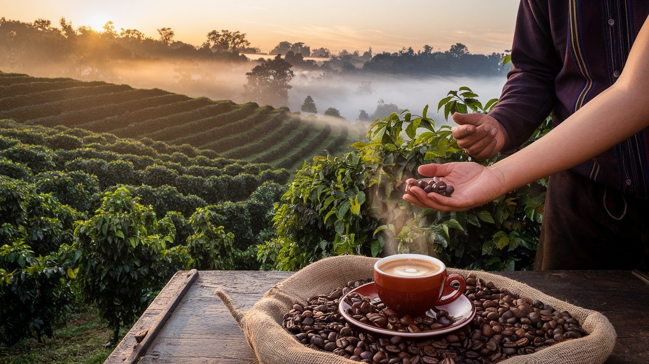What Are Coffee Tours — Steaming Cup of Coffee on a Table with Burlap Sack and Coffee Fields at Sunrise