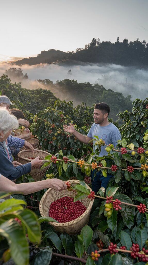Visitors Picking Coffee Cherries in a Misty Plantation at Sunrise