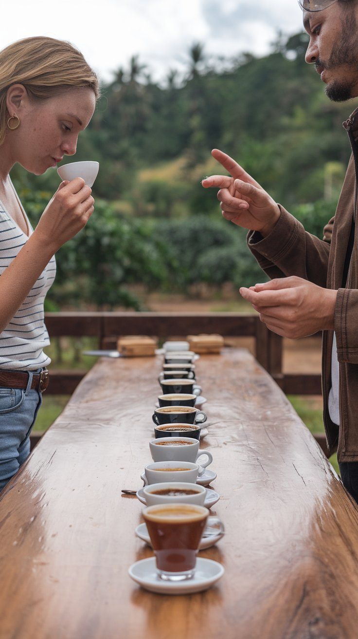 Traveler Tasting Coffee at a Long Wooden Cupping Table
