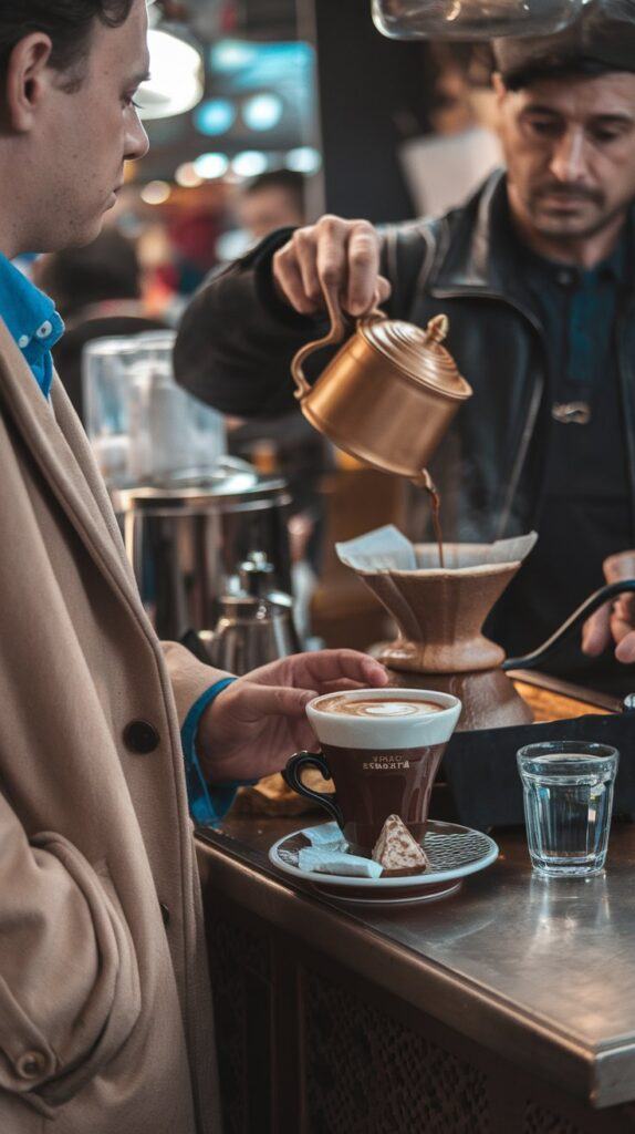 Barista Pouring Coffee Into a Cup at a Turkish Coffee Stall